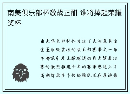 南美俱乐部杯激战正酣 谁将捧起荣耀奖杯 南美俱乐部杯激战正酣 谁将捧起荣耀奖杯