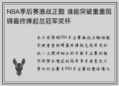NBA季后赛激战正酣 谁能突破重重阻碍最终捧起总冠军奖杯 NBA季后赛激战正酣 谁能突破重重阻碍最终捧起总冠军奖杯