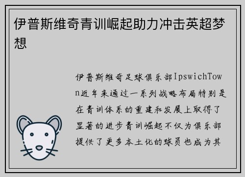 伊普斯维奇青训崛起助力冲击英超梦想 伊普斯维奇青训崛起助力冲击英超梦想